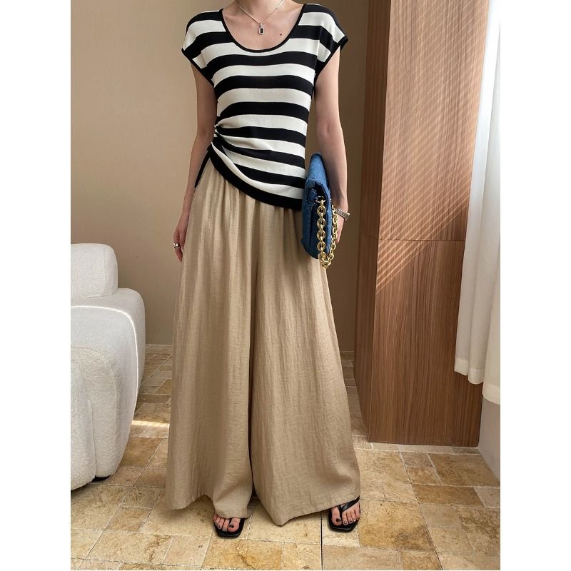 Nuovi pantaloni palazzo in misto lino in stile cinese con vestibilità rilassata e silhouette fluida per le donne_voghion.com