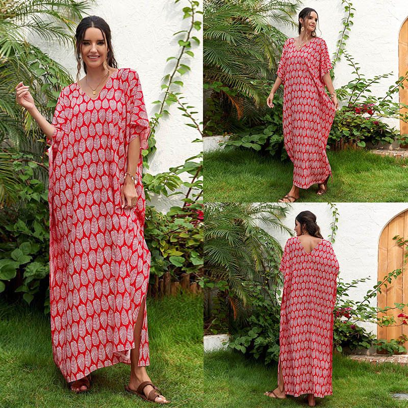 ​​"Stilvoller Strandmantel mit V-Ausschnitt – Leichtes Polyester-Bikinikleid für Damen, locker sitzende Strandurlaubskleidung"​​_voghion.com