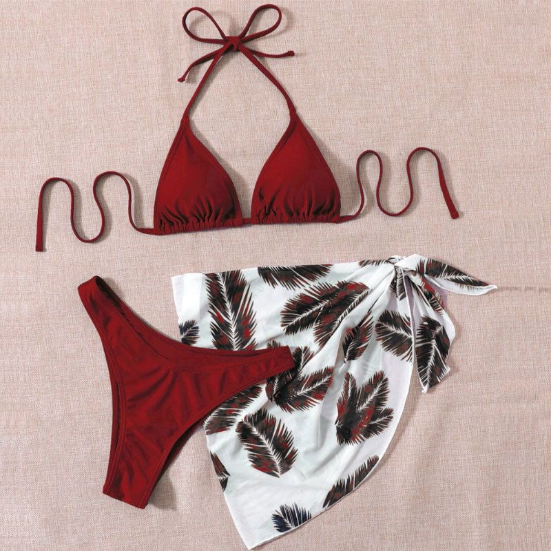 Kadın Giyim Yeni Halter Boyun Bağlamalı File Etek Mayo Kadın Üç Parçalı Plaj Bikini Mayo_voghion.com