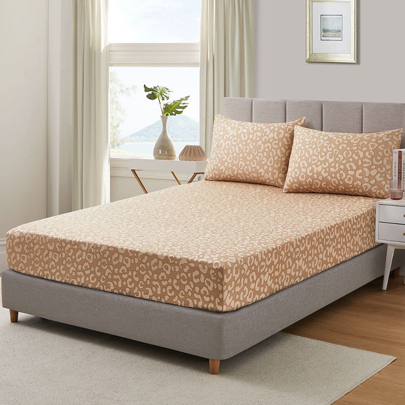 Khaki Leopard Print Art Bed Sheet Polyester Skin Friendly Bed Fitted Sheet Mattress Protector Fitted Sheet_voghion.com