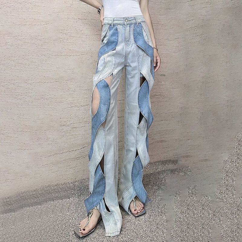 Women's clothing niche style jeans for women spring new style fashionable all match contrast color twist stitching hollow trousers_voghion.com