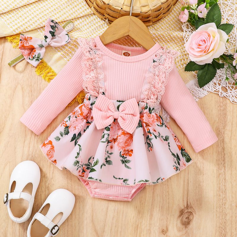 European And American Style Autumn And Winter Style Baby Cotton Ribbed Long Sleeves Lace Edge Flower Print Skirt Baby Girl Jumpsuit_voghion.com
