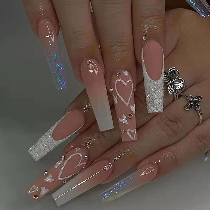 24 Stuks Lange Ballet Gradiënt Blauw Druk op Nagels Wearable Doodskist Kunstnagels Lijn Ontwerp Fake Nail Tips met Rhi_voghion.com