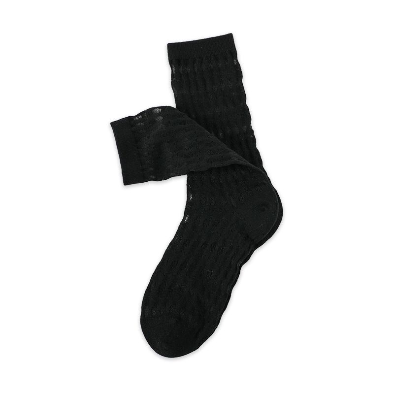 2025e MEIKAN Women's Spring Summer Thin Fashion Matching Mid-Calf Cotton Slouch Black And White Hollow Mesh Socks_voghion.com