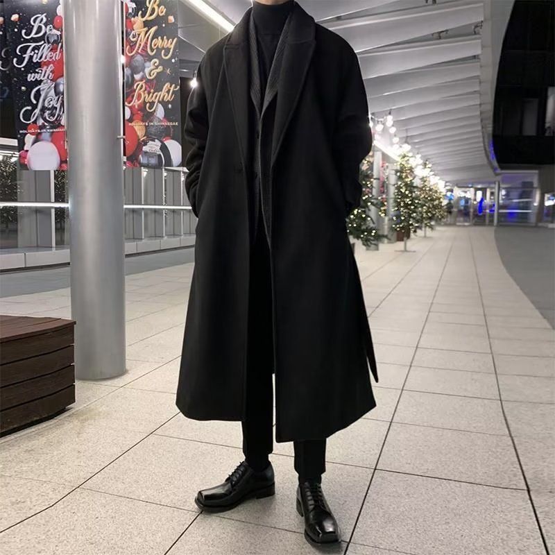 ​​Men's Long Trench Coat – Slim Fit Wool-Blend Overcoat With Notched Lapel (Black/Brown, M-3XL)​​_voghion.com