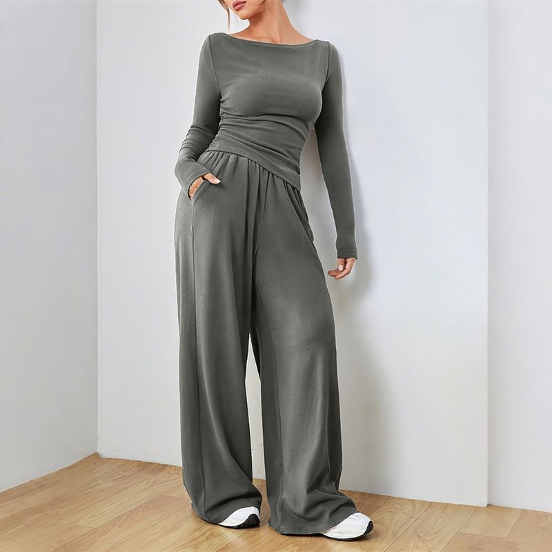 ​​Set aus langärmligem One-Shoulder-Oberteil und Hose mit weitem Bein im europäischen und amerikanischen Stil – schickes, lässiges zweiteiliges Outfit (Dunkelgrau, S/M/L/XL/XXL)​​_voghion.com