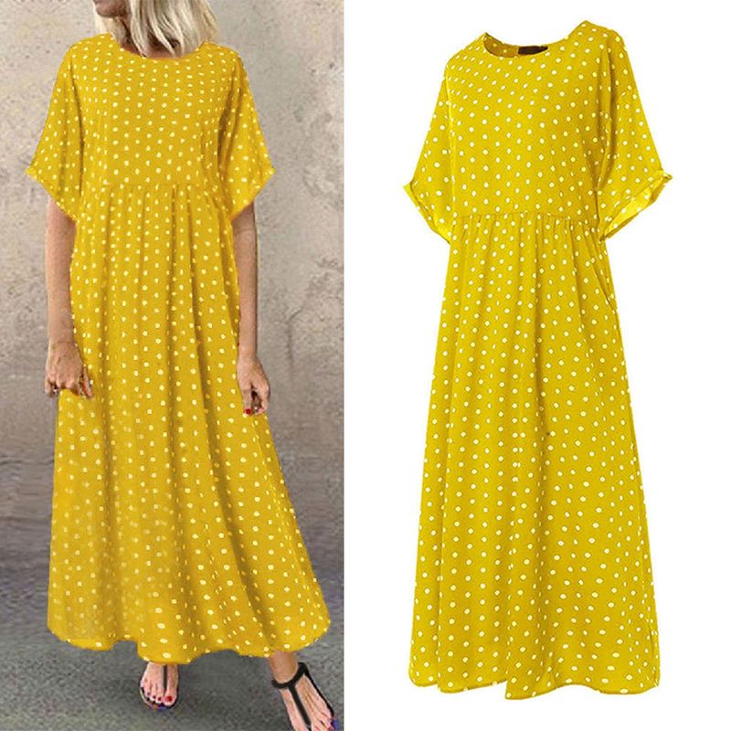 Gelbes Damen-Porka-Punkt-Druck-Boho-Sommer-böhmisches Party-Strand-Übergröße-Kleid in Übergröße Damen-Sommerkleid Vestidos_voghion.com
