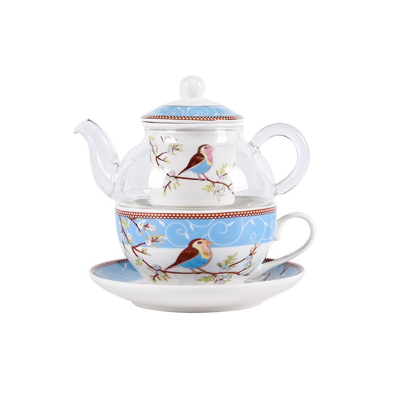 Art Gifts Teekannen-Set aus Keramik, kreative Teekanne mit Rotkehlchen-Blume, hitzebeständiges Glas-Teeservice mit Teetasse und Untertasse_voghion.com