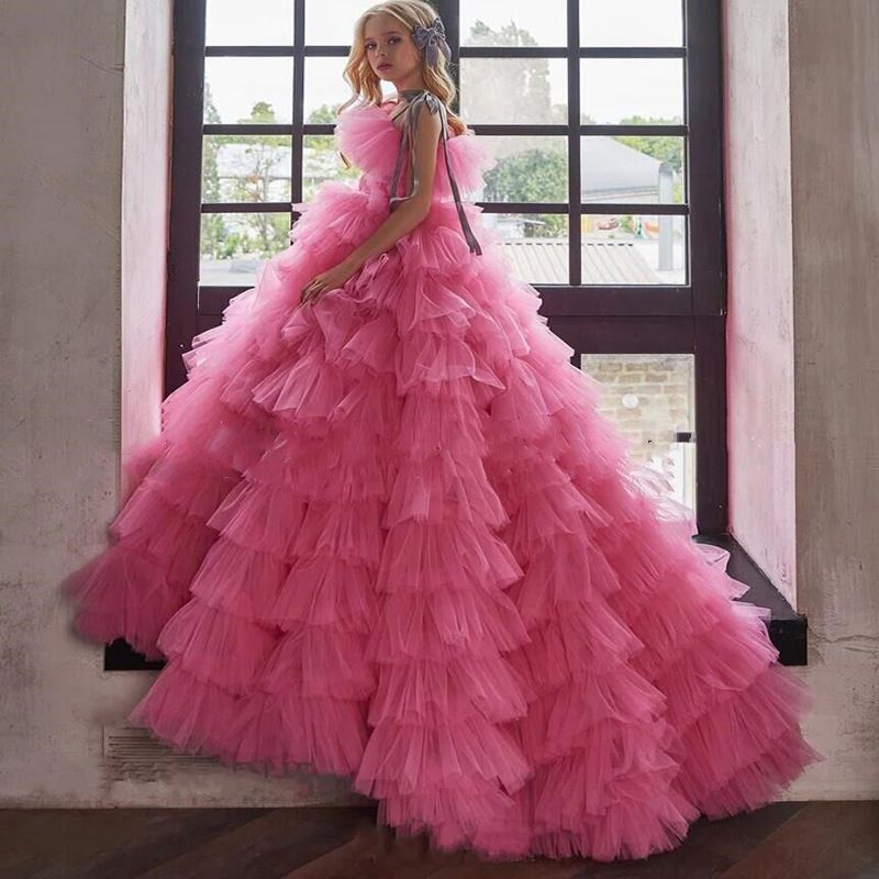 Damenmode Mädchen Tailed Kleid Mesh Plissee Asymmetrische Multi-Layer Kuchen Kleid Bühnenauftritt langes Kleid_voghion.com