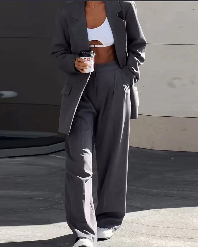 Women's Clothing women's suits autumn new style fashion temperament lapel long sleeve solid color two piece suit_voghion.com