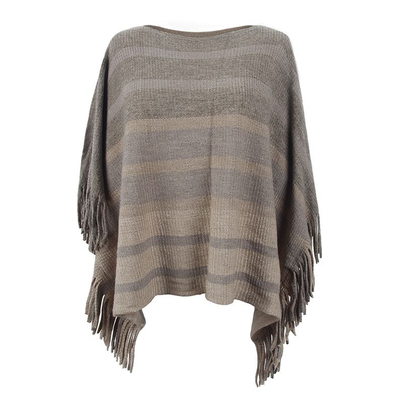 One-line collar tassel cape lady's striped cape coat_voghion.com