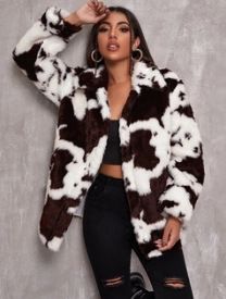 Women's fashion cow print black and white women's jacket loose rabbit fur coat_voghion.com