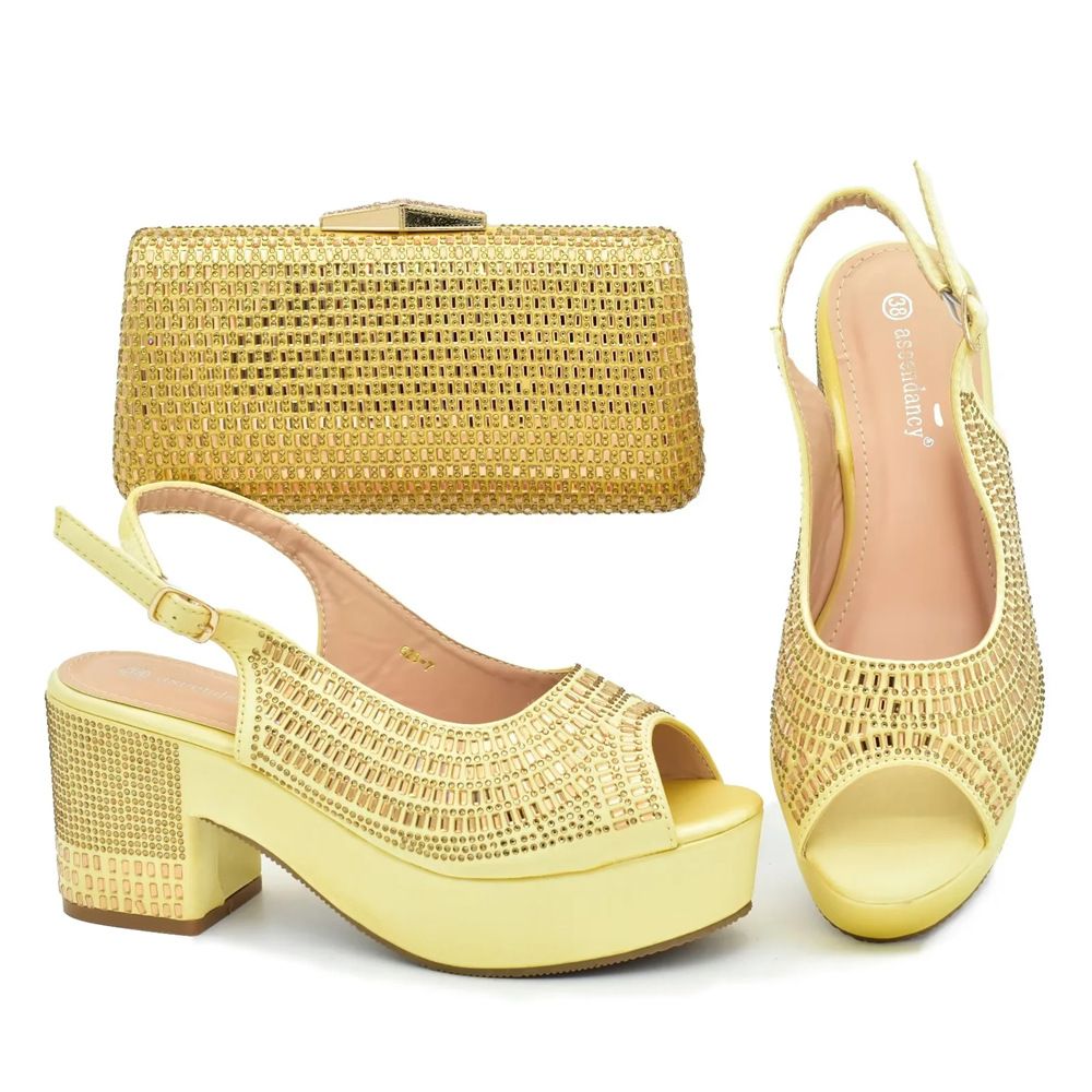 Women Shoe Bag Set Fashion Italian Style Fish Mouth Round Toe Back Strap Chunky Heel Sandals With Rhinestone Evening Bag Set_voghion.com