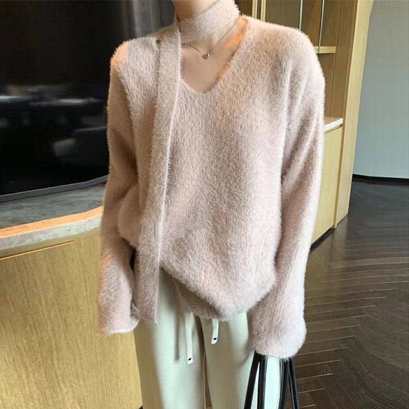 Damenbekleidung V-Ausschnitt mit Schal Nerzsamtpullover weicher klebriger Strickpullover_voghion.com