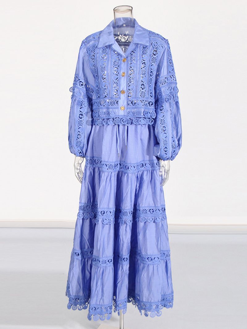 Damenbekleidung Modischer und eleganter Anzug, neuer Patchwork-Bluse mit hohlem Revers und Spitze + Rockanzug für Damen_voghion.com