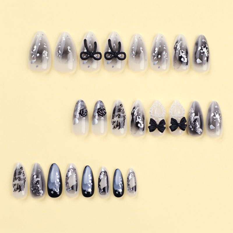 Black Three-dimensional Bow Wearing Armor Pearl Heart Star Nail Patches Gradient Sequin Letters Almond Nail Patches_voghion.com