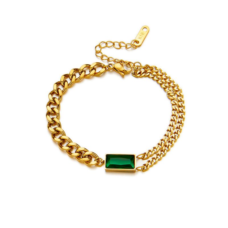 Chaîne en acier titane plaqué or clair incrustée de diamants, ensemble de bijoux rectangulaires en diamant vert, ensemble de trois pièces_voghion.com