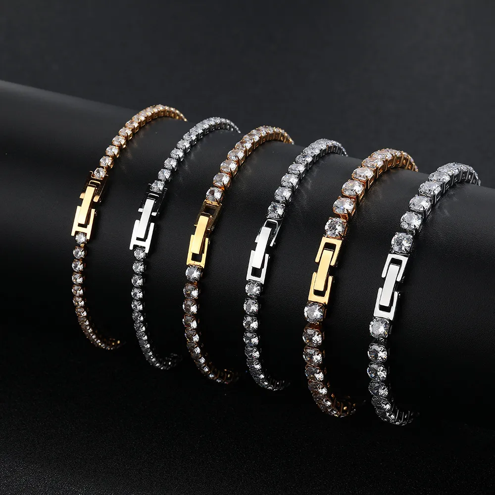 Bracelet de tennis Hip Hop en acier titane et diamants, anti-décoloration, rangée unique, entièrement en diamants, zircon AAA, pour hommes et femmes, même style, bijoux tendance pour la main_voghion.com