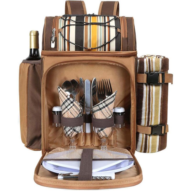 Sac à dos de pique-nique exclusif avec 2 compartiments isolés et réfrigérés, casier à vin, couverture en laine et ensemble de vaisselle_voghion.com