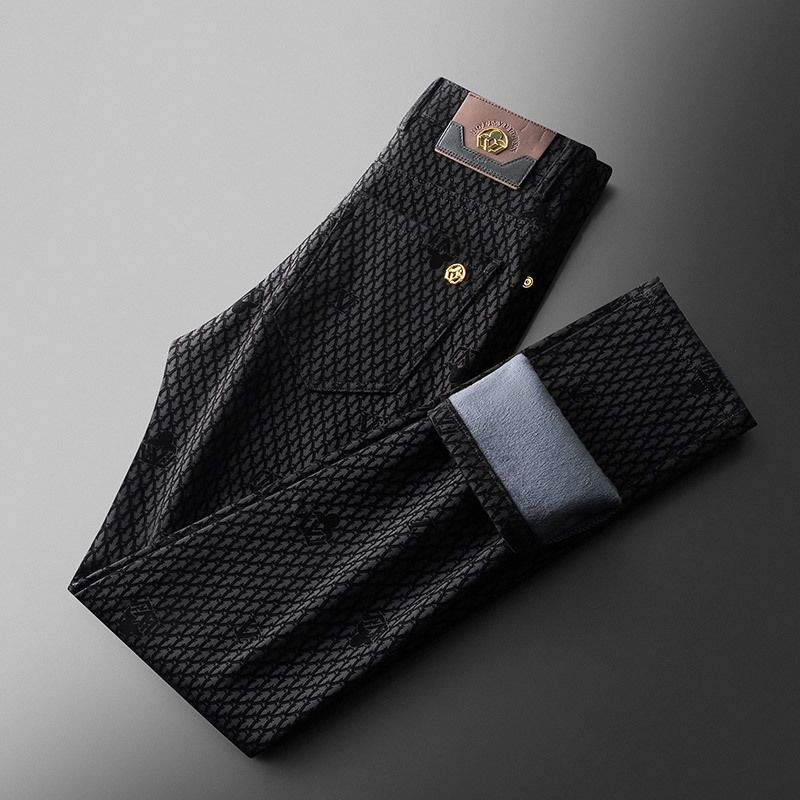 Pantaloni casual business di lusso leggeri per autunno e inverno per uomini di mezza età, in velluto, spessi, caldi, jacquard floccato, pantaloni dritti di alta qualità._voghion.com