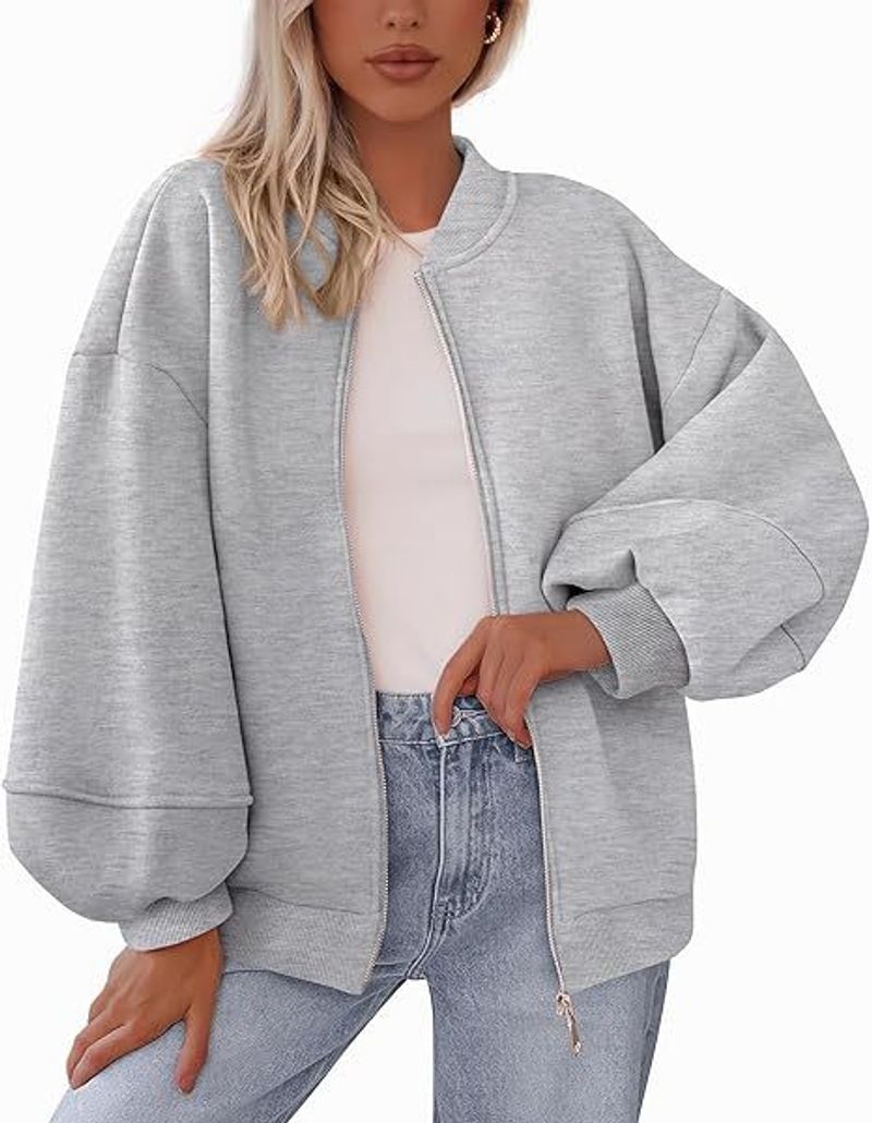 Lässige Baseballjacke für Damen mit Reißverschluss, langärmlig, einfarbig, lockere Passform, leichtes Polyester für Herbst und Winter_voghion.com