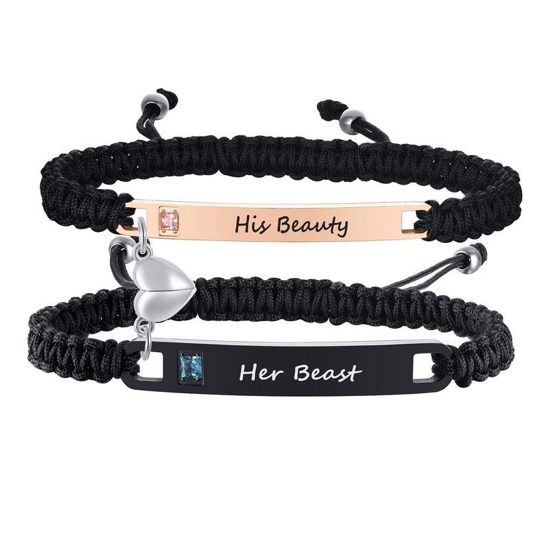 Coppia di bracciali regolabili in titanio cubano nero e bianco con cuore magnetico intarsiato di diamanti in acciaio inossidabile con catena curva_voghion.com