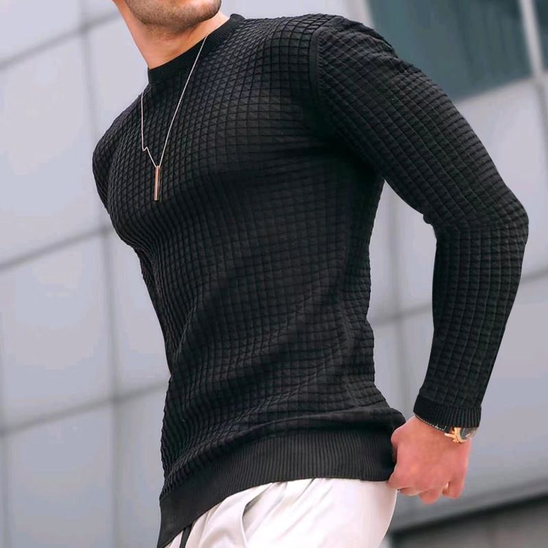 Maglietta casual a maniche lunghe in maglia a quadri da uomo - Pullover ampio con scollo rotondo per primavera e autunno_voghion.com