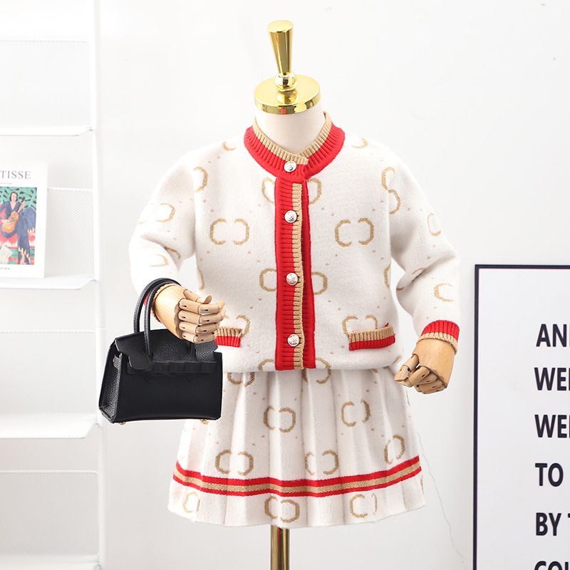 Set de două piese pentru fete, cămașă cu guler rotund, cu un singur nasture, stil mic parfumat, cardigan tricotat_voghion.com