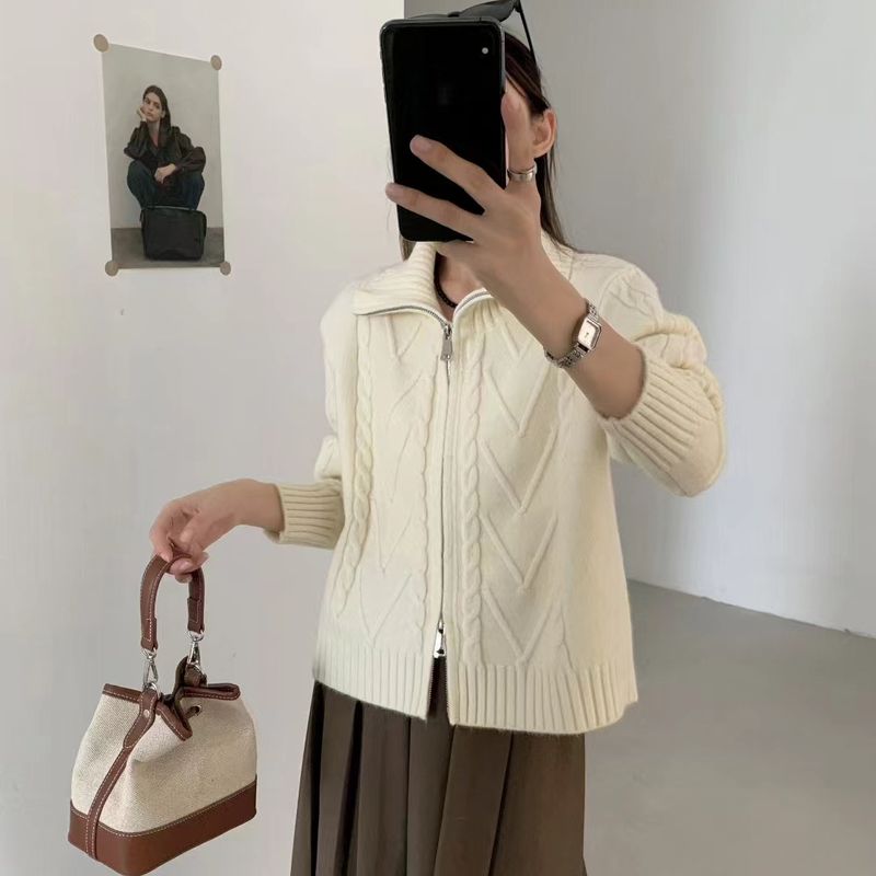 Turtleneck Short Double Zipper Knitted Cardigan Solid Color Temperament Gray Sweater Women's Coat_voghion.com