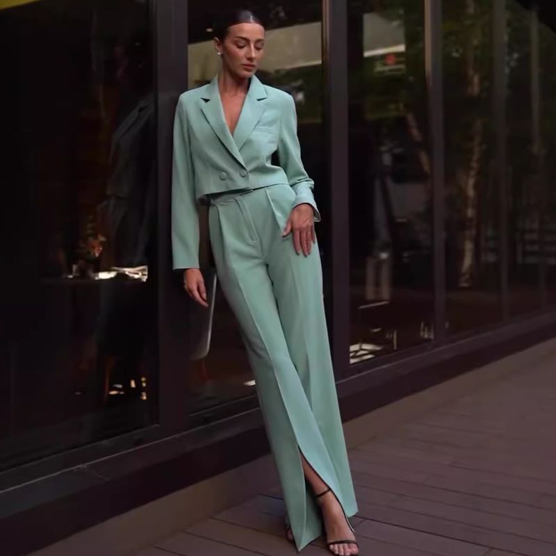 Damenbekleidung Einfarbig Mode Revers Kurzes Oberteil Hohe Taille Geteilte Hose Zweiteiliges Set_voghion.com