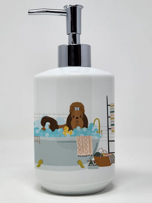 Red Shih Tzu Ceramic Soap Dispenser Hand Soap Dispenser Pump Bottles for Bathroom Kitchen, Empty Refillable Liquid Soap Container_voghion.com