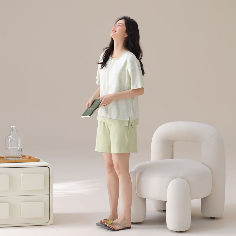 Women's Pajamas, Pure Cotton Short Sleeves, Chest Pad Set, Small Fresh And Thin, Large Size Can Be Worn Outside, Shorts, Loungewear_voghion.com