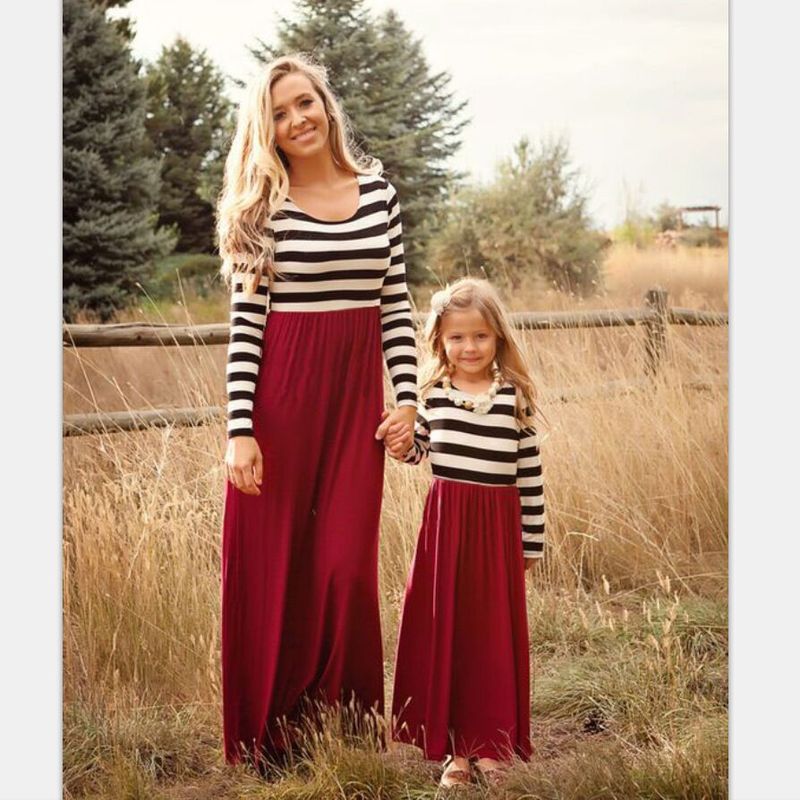 Long Sleeved Black And White Stripes With Wine Red Hem Spring And Summer Women's Parent Child Clothing_voghion.com