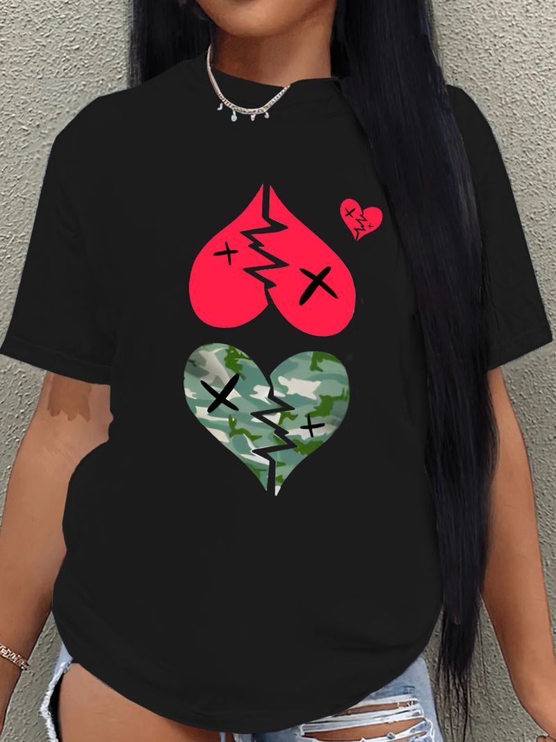 Damen-T-Shirt aus bedruckter, großer, lockerer Baumwolle mit kurzen Ärmeln_voghion.com