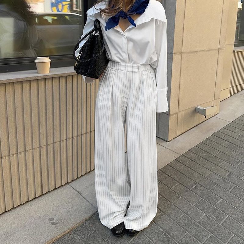 Damen-Anzughose mit hoher Taille und weitem Bein – bequeme Stretch-Bürohose mit Streifendesign, Freizeit- und Abendgarderobe für Herbst und Winter_voghion.com