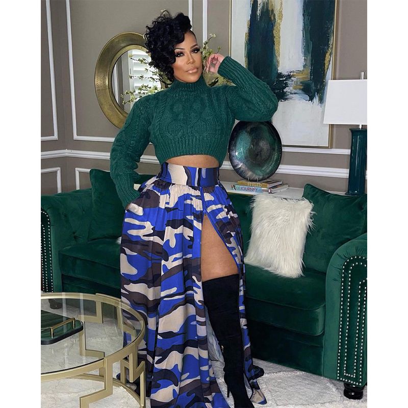S390441 Spring Summer New Women's Casual Camouflage Print Zipper Split Elastic Waist Skirt_voghion.com