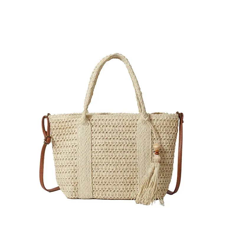 Borsa da spiaggia in paglia con cerniera, tracolla regolabile, manico superiore, per donna, viaggio e vacanza 250614l_voghion.com