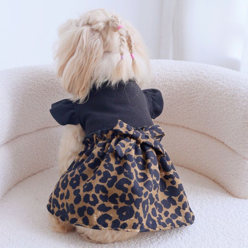 One-piece Leopard Print Puff Dress With Bow, Comfortable Skin-friendly, Suitable All Seasons, Pet Clothing For Cats And_voghion.com