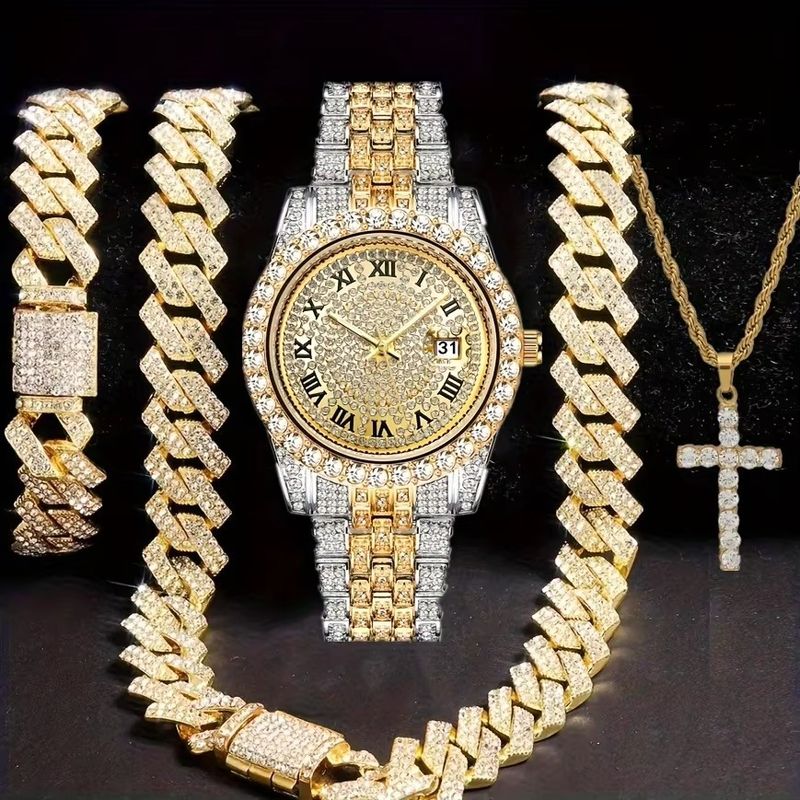 Hip Hop herreur sæt kvartskalender legering armbånd & 2 halskæder diamantur_voghion.com