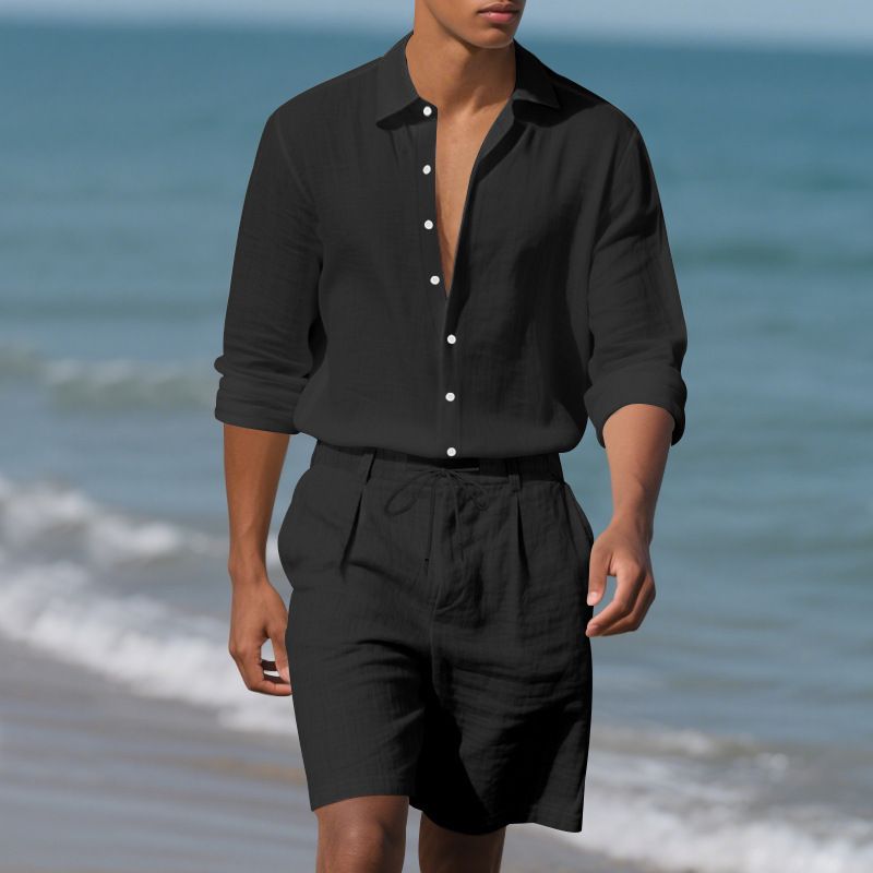 Adatto a tutte le stagioni, stile americano, estivo, da uomo, in lino, semplice, camicia a maniche lunghe, pantaloncini casual, set da spiaggia_voghion.com