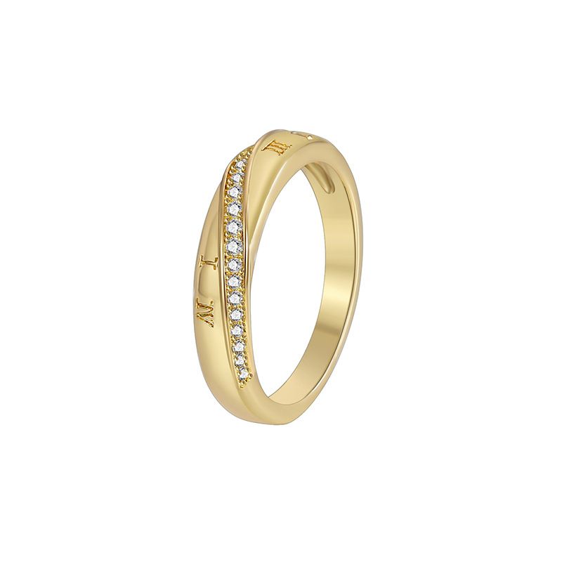 Anel de dedo indicador feminino com padrão de numeral romano e zircônia micropavimentada banhada a ouro e cobre R0420_voghion.com
