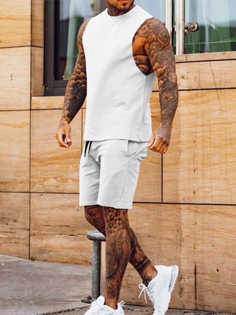 2024 Fashion Solid Two Piece Suits Men‘s O-Neck Tops and Shorts Outfits Men Summer Sleeveless Casual Simplicity Sets_voghion.com