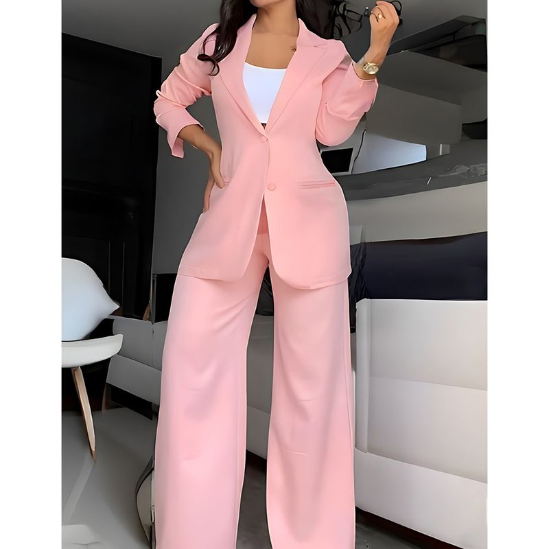 Damenbekleidung 2024 neuer rosa Mode-dünner Anzuganzug Damen-Casual-Design-Anzugjacke mit weiten Beinen, zweiteiliger Anzug_voghion.com