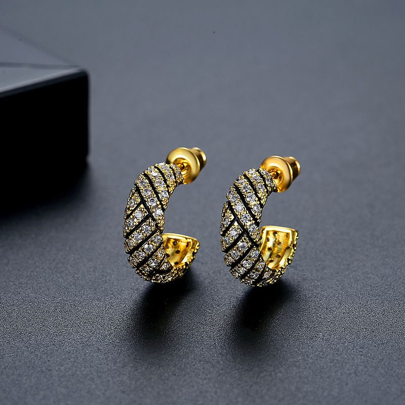 Orecchini a cerchio semicircolare a forma di C geometrici da donna con zirconi, stile minimalista alla moda per orecchini semicircolari a forma di C da donna_voghion.com