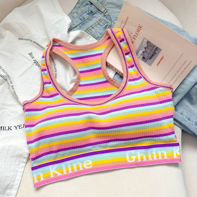 Underwear & Sleepwears Sweet Hot Girl Dopamine Rainbow Striped Sports Bra Vest With Compression Cup Bra Pads Thin Small Chest_voghion.com