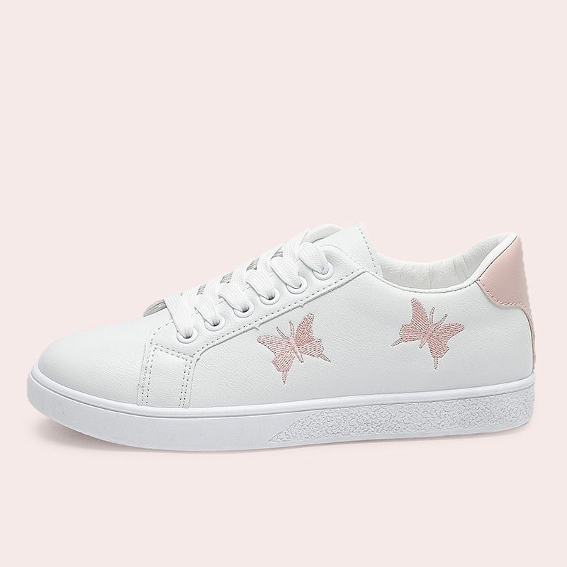 Damenschuhe Große Größe Sommer Damenschuhe Schmetterlingsstickerei Flache Unterseite Anti-Skateboard-Schuhe Damen Vielseitige einfache Low-Top-Weiß-Schuhe_voghion.com