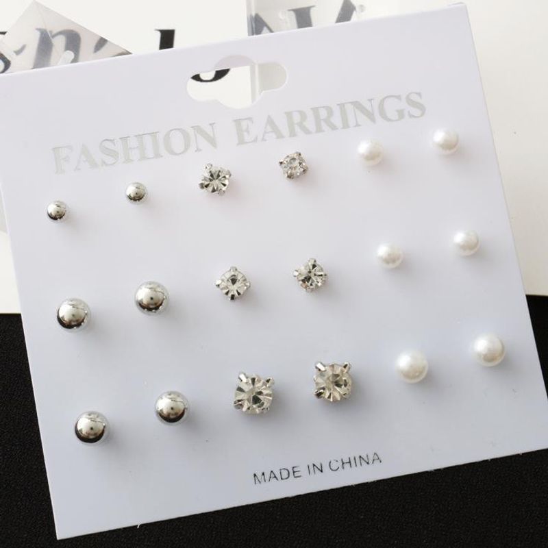 B090 Einfache Runde Perle 9-Stück Stud Ohrringe Neun-Stück Set_voghion.com