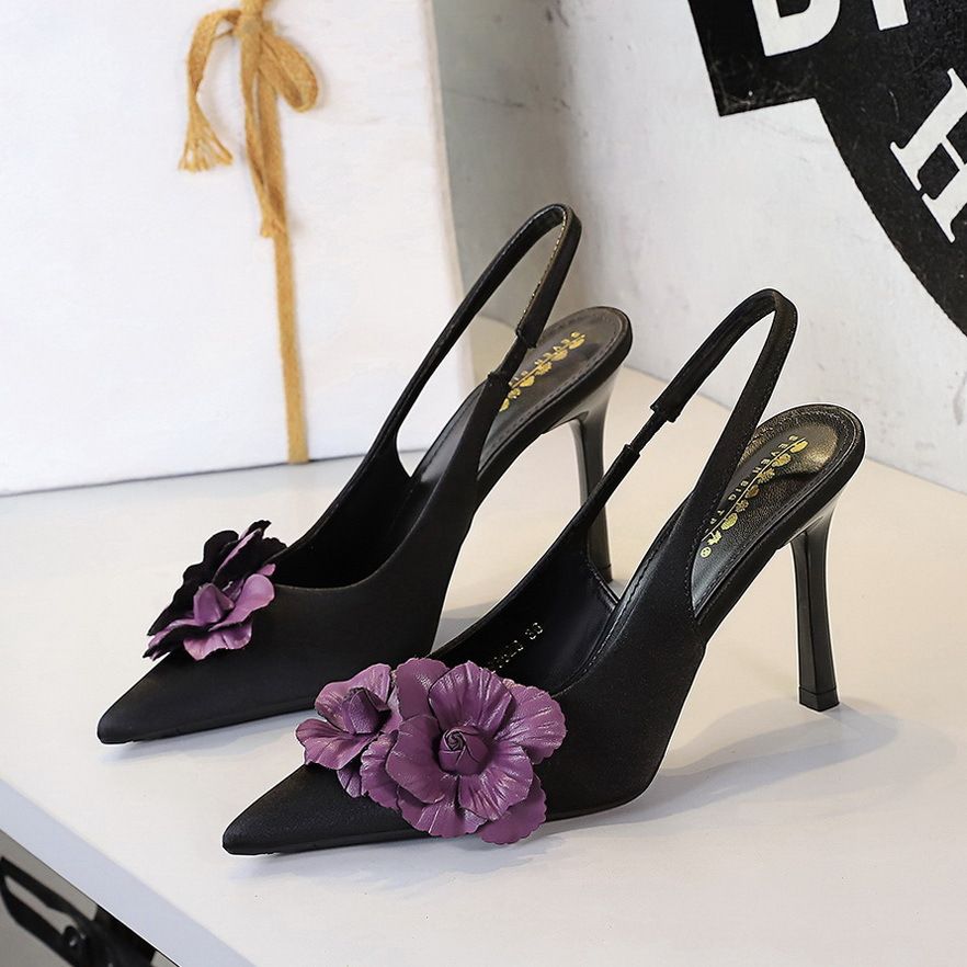 Elegante High Heels mit floralem Muster und spitzer Spitze und offenem Riemen auf der Rückseite – Damenschuhe für Bankette und besondere Anlässe, flache Einzelschuhe_voghion.com
