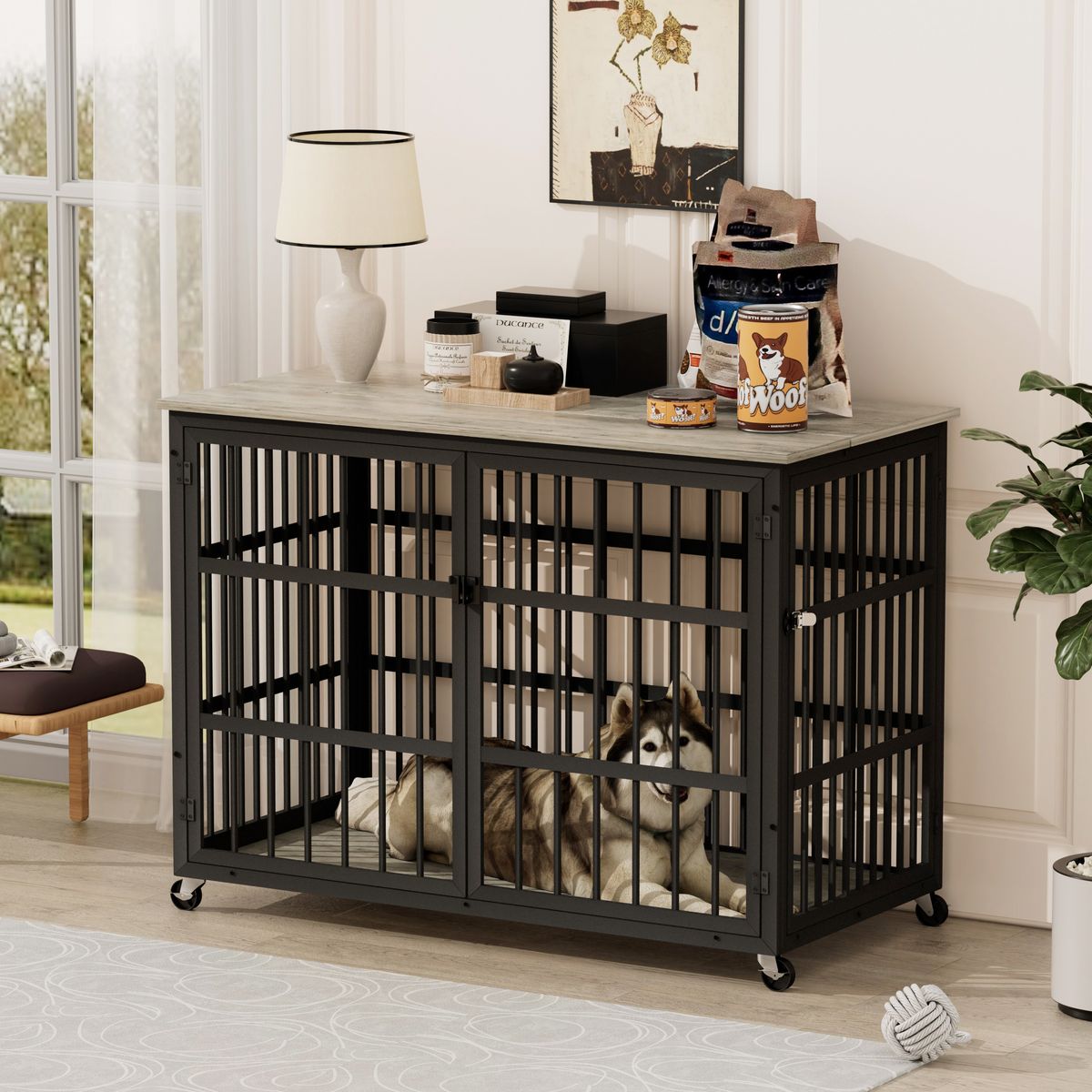 Furniture Style Dog Crate Wrought Iron Frame Door With Side Openings, Grey, 43.3''W X 29.9''D X 33.5''H._voghion.com