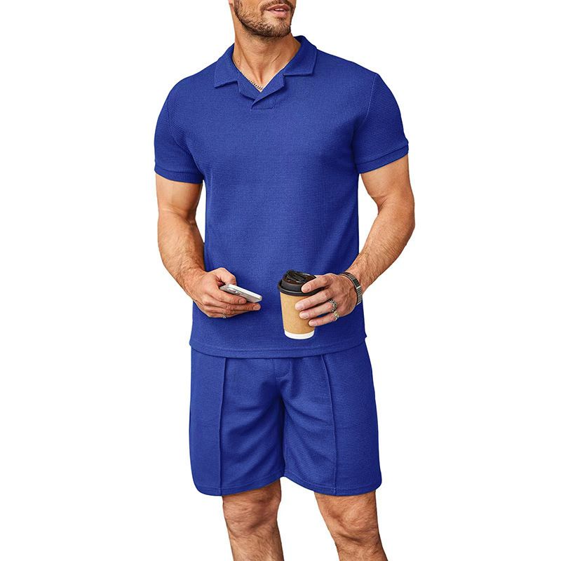 2024 Summer waffle V-neck polo shirt, short sleeved shorts, men's sports and leisure fashion set_voghion.com